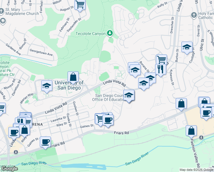 map of restaurants, bars, coffee shops, grocery stores, and more near 6245 Caminito Salado in San Diego