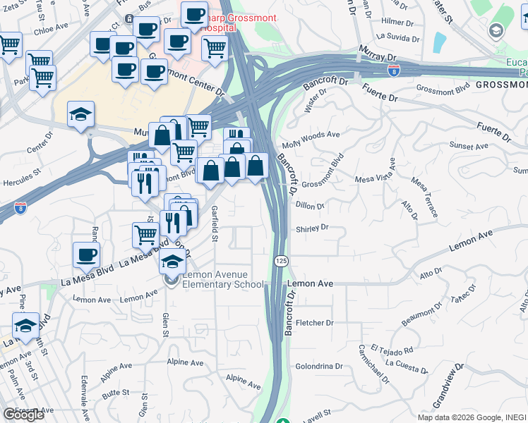 map of restaurants, bars, coffee shops, grocery stores, and more near 5121 Harmony Lane in La Mesa