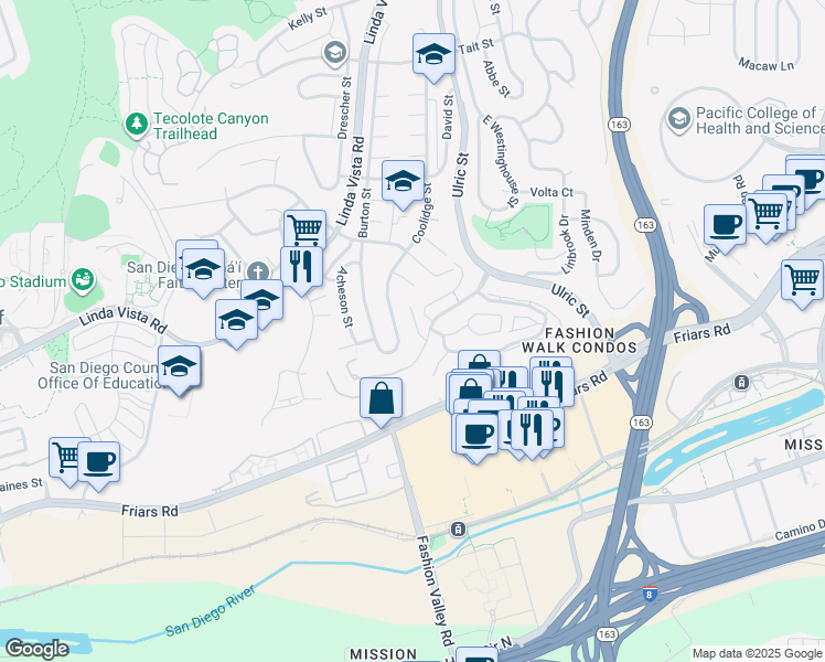 map of restaurants, bars, coffee shops, grocery stores, and more near 1418 Camino Zalce in San Diego