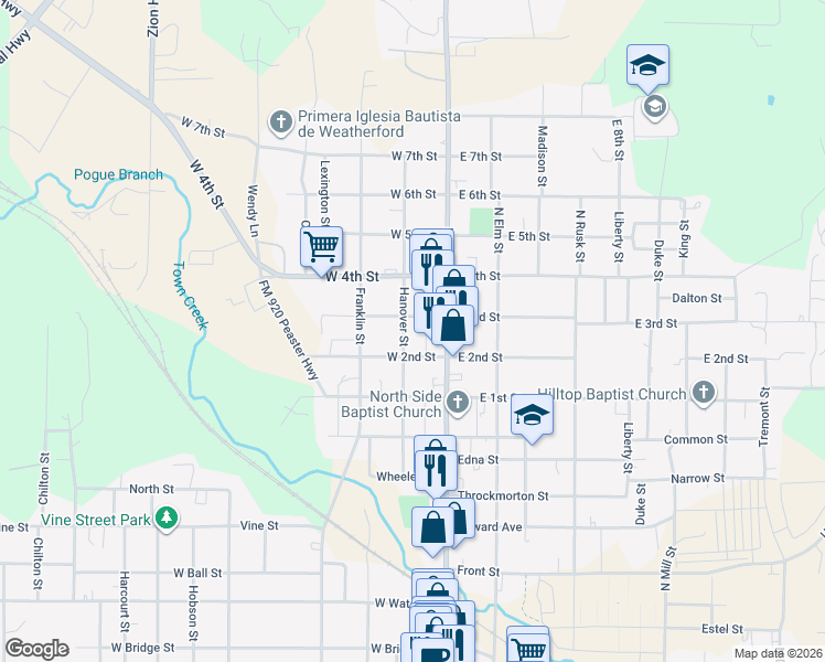 map of restaurants, bars, coffee shops, grocery stores, and more near 1112 Hanover Street in Weatherford