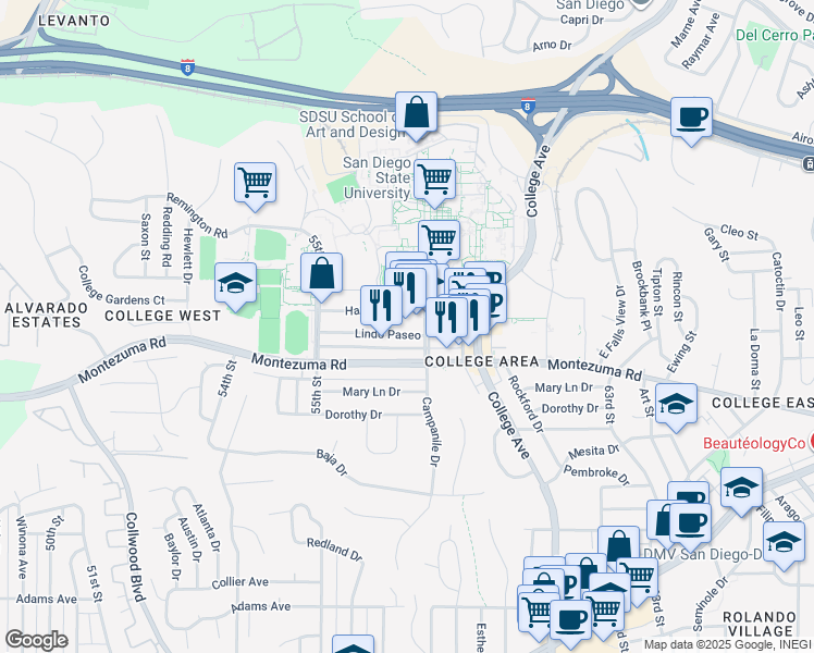 map of restaurants, bars, coffee shops, grocery stores, and more near 5500 Campanile Drive in San Diego