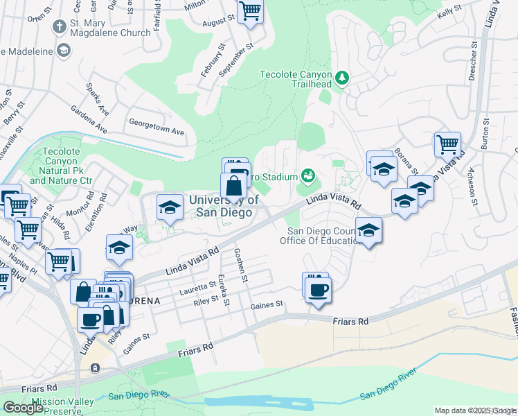map of restaurants, bars, coffee shops, grocery stores, and more near 5880 Marian Way in San Diego