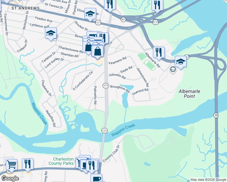 map of restaurants, bars, coffee shops, grocery stores, and more near 5 New Town Lane in Charleston
