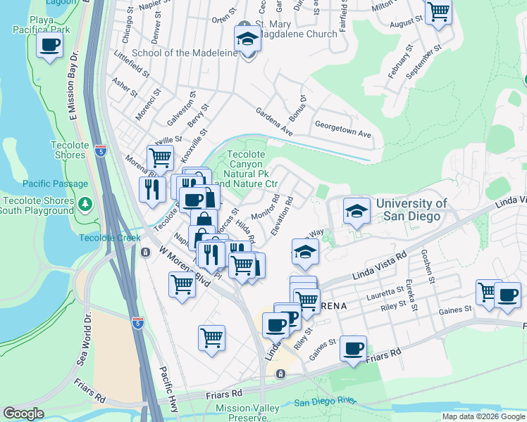 map of restaurants, bars, coffee shops, grocery stores, and more near 1386 Monitor Road in San Diego