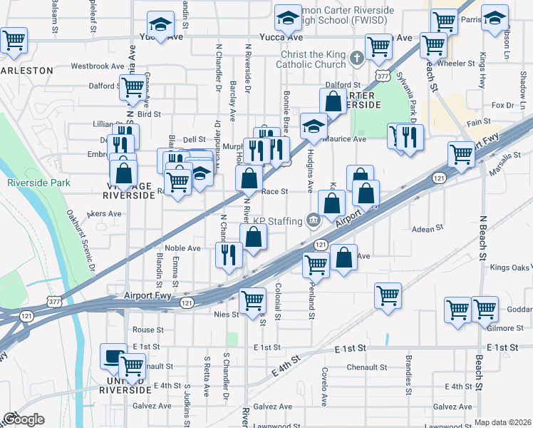 map of restaurants, bars, coffee shops, grocery stores, and more near 600 Blevins Street in Fort Worth