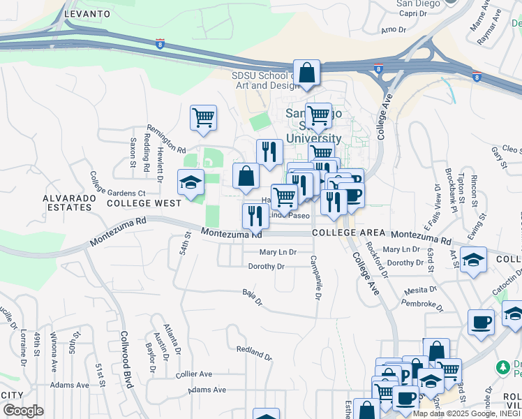 map of restaurants, bars, coffee shops, grocery stores, and more near 5566 Lindo Paseo in San Diego