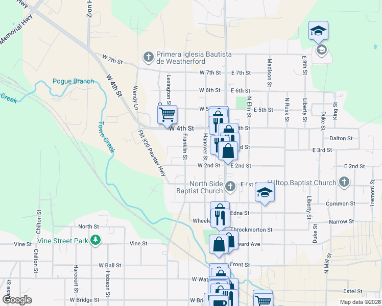 map of restaurants, bars, coffee shops, grocery stores, and more near 1110 Franklin St in Weatherford