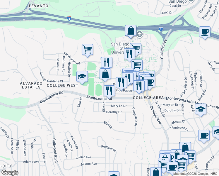 map of restaurants, bars, coffee shops, grocery stores, and more near 5540 Lindo Paseo in San Diego