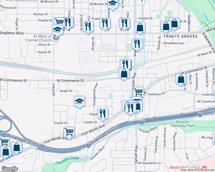 map of restaurants, bars, coffee shops, grocery stores, and more near 1159 Clifftop Lane in Dallas