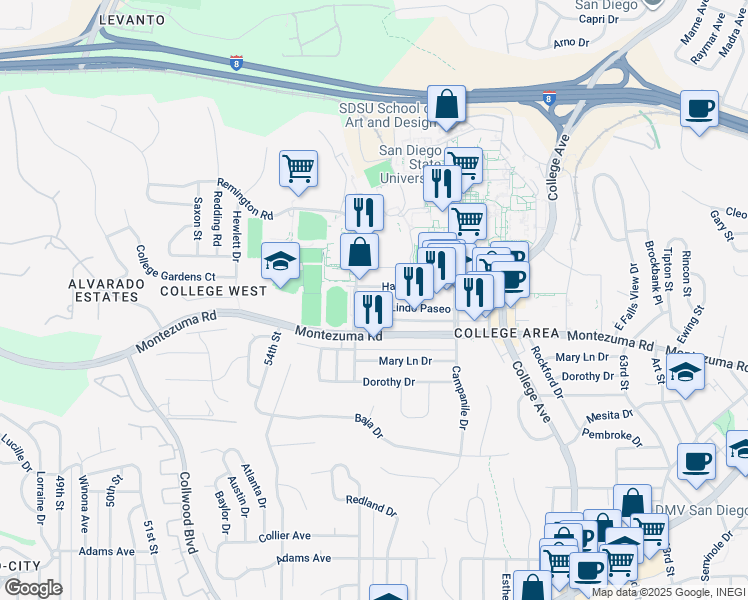 map of restaurants, bars, coffee shops, grocery stores, and more near 5540 Lindo Paseo in San Diego