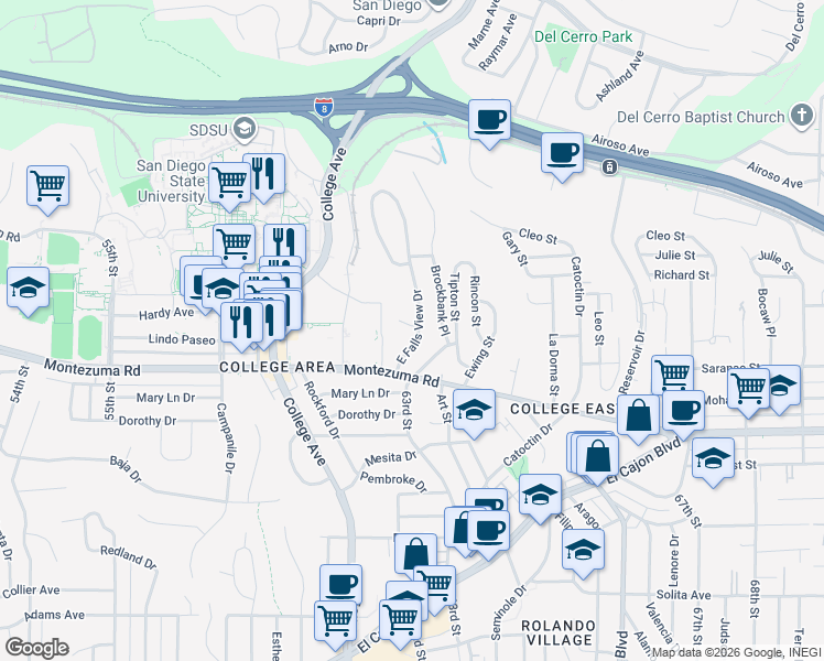 map of restaurants, bars, coffee shops, grocery stores, and more near 5136 East Falls View Drive in San Diego