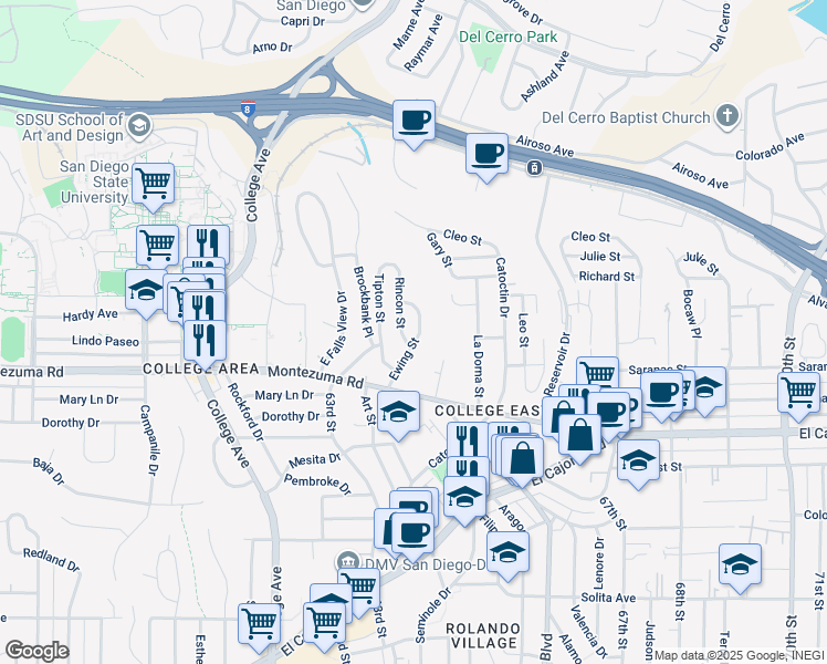 map of restaurants, bars, coffee shops, grocery stores, and more near 5150 Ewing Street in San Diego