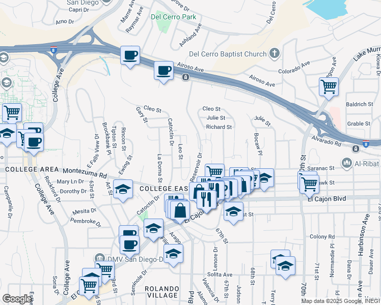 map of restaurants, bars, coffee shops, grocery stores, and more near 5149 Leo Street in San Diego