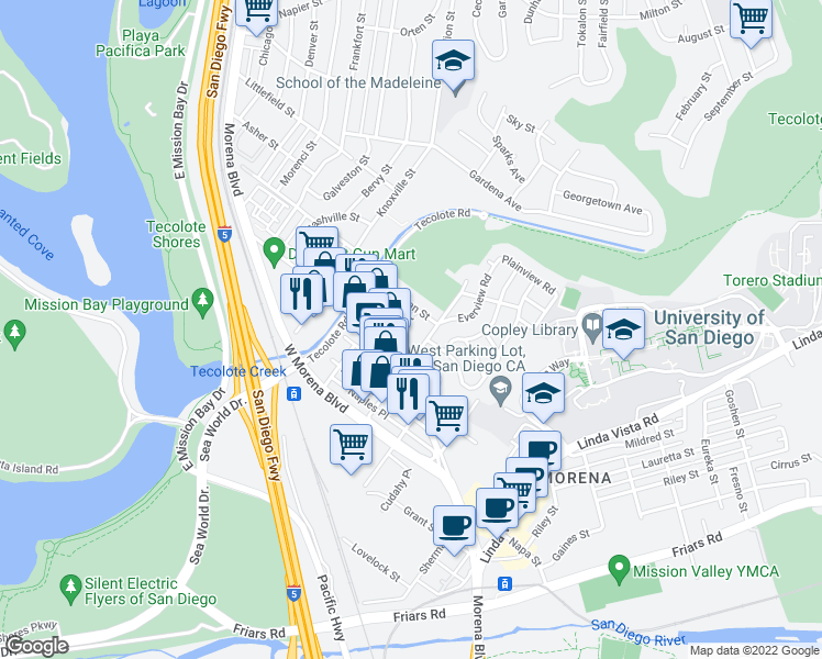 map of restaurants, bars, coffee shops, grocery stores, and more near 1308 Viola Street in San Diego