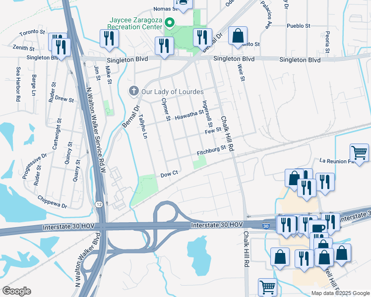 map of restaurants, bars, coffee shops, grocery stores, and more near 2415 Kenesaw Drive in Dallas