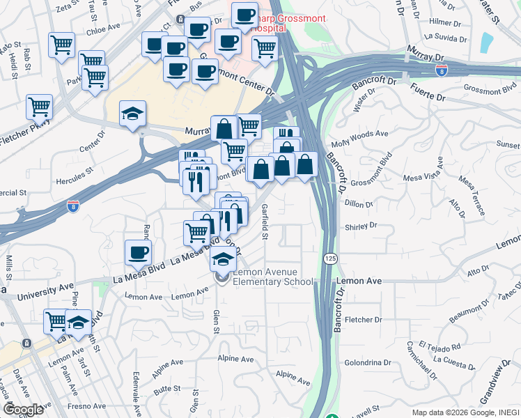 map of restaurants, bars, coffee shops, grocery stores, and more near 8861 La Mesa Boulevard in La Mesa