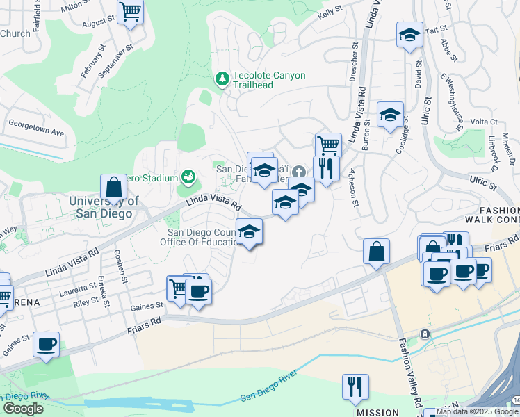 map of restaurants, bars, coffee shops, grocery stores, and more near 6402 Linda Vista Road in San Diego