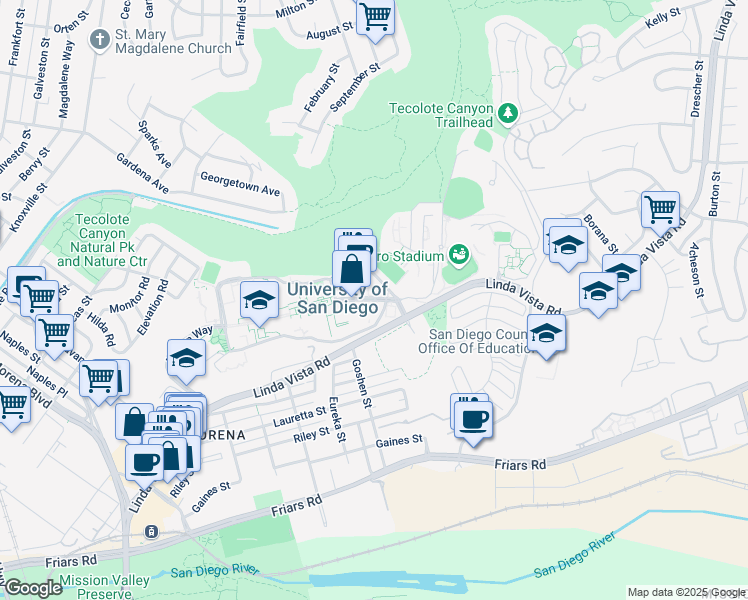 map of restaurants, bars, coffee shops, grocery stores, and more near 5998 Alcalá Park in San Diego
