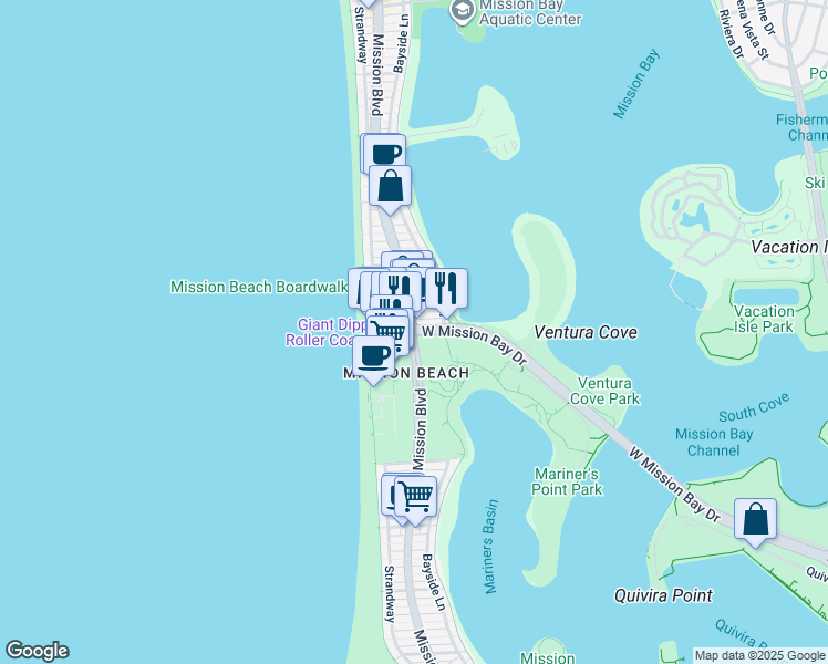 map of restaurants, bars, coffee shops, grocery stores, and more near 721 West Mission Bay Drive in San Diego