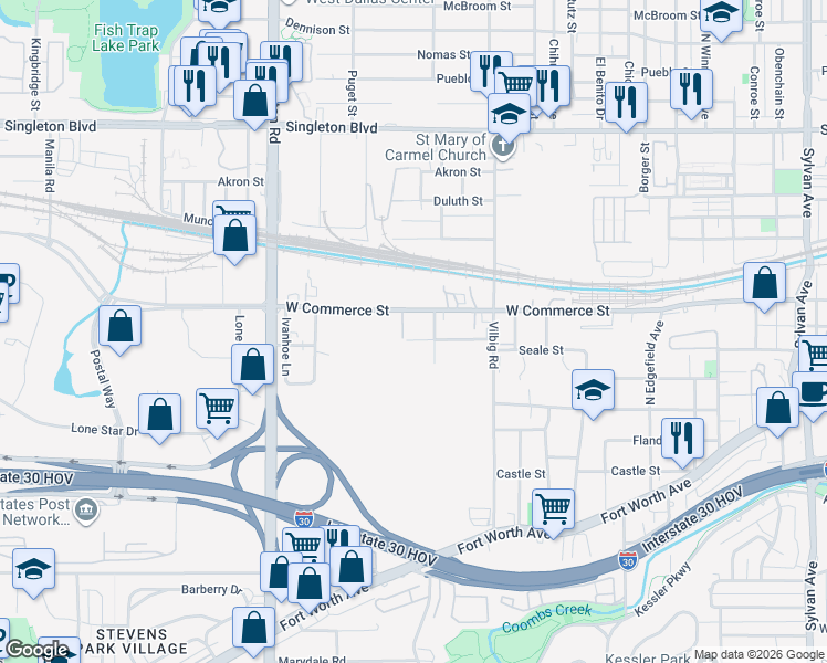 map of restaurants, bars, coffee shops, grocery stores, and more near 1919 Pollard Street in Dallas