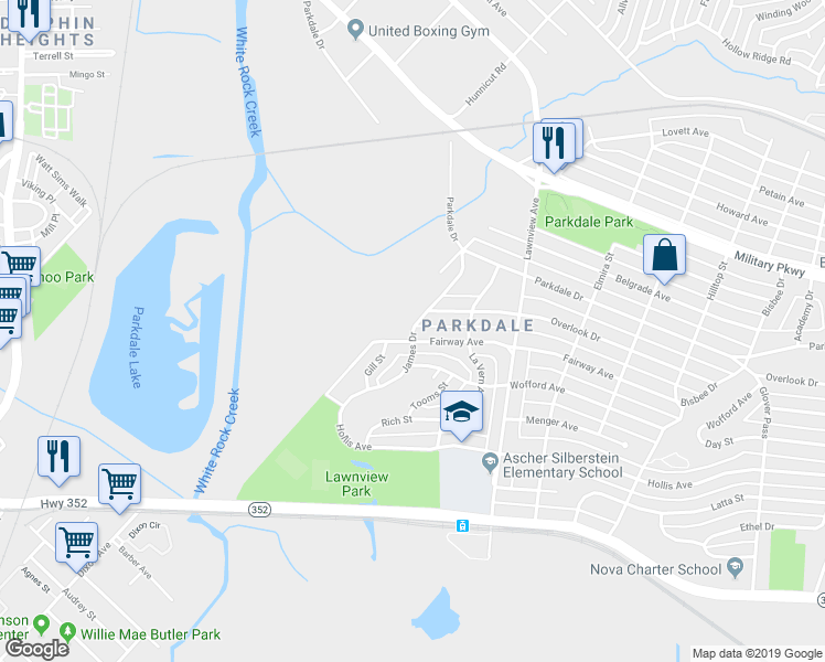 map of restaurants, bars, coffee shops, grocery stores, and more near 3500 James Drive in Dallas