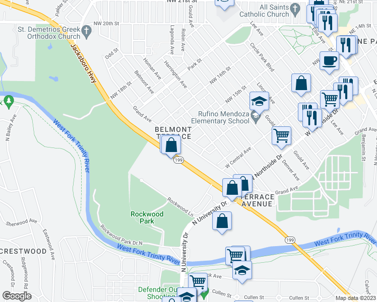 map of restaurants, bars, coffee shops, grocery stores, and more near 1511 Grand Avenue in Fort Worth