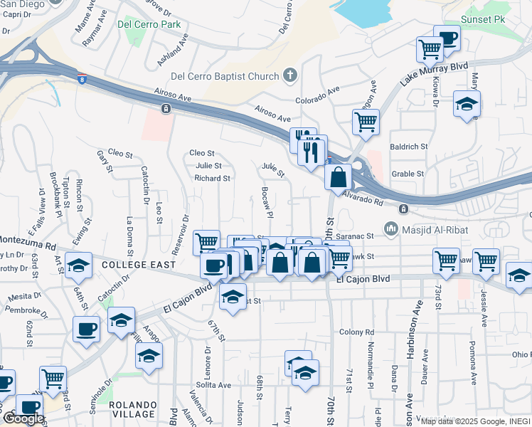 map of restaurants, bars, coffee shops, grocery stores, and more near 5146 Bocaw Place in San Diego