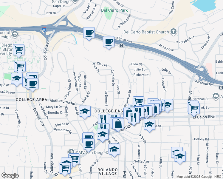 map of restaurants, bars, coffee shops, grocery stores, and more near 5154 Catoctin Drive in San Diego
