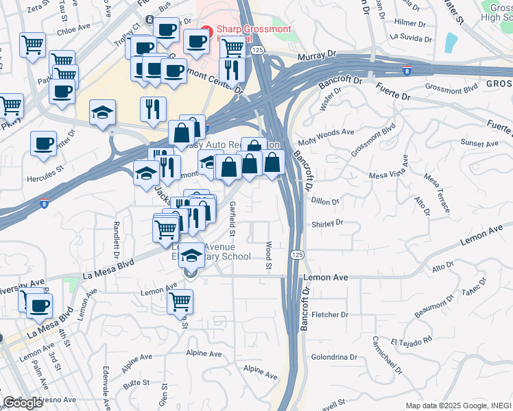 map of restaurants, bars, coffee shops, grocery stores, and more near 5121 Dailey Court in La Mesa