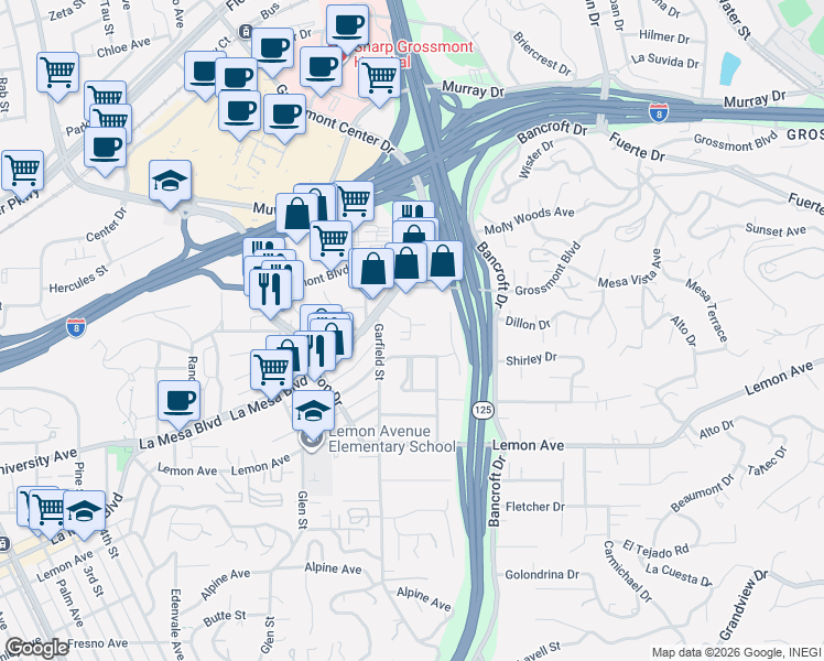 map of restaurants, bars, coffee shops, grocery stores, and more near 5197 Dailey Ct in La Mesa