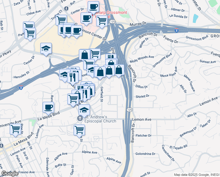 map of restaurants, bars, coffee shops, grocery stores, and more near 5121 Dailey Court in La Mesa
