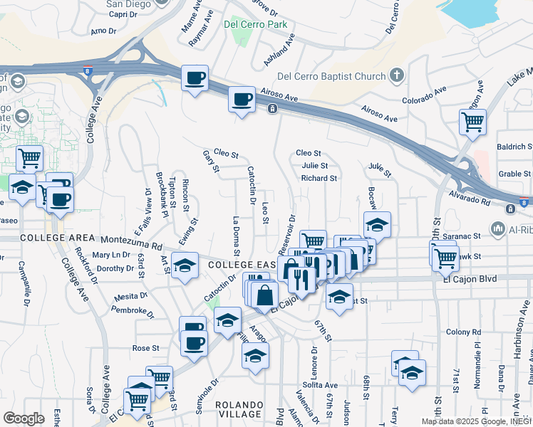 map of restaurants, bars, coffee shops, grocery stores, and more near 5149 Leo Street in San Diego