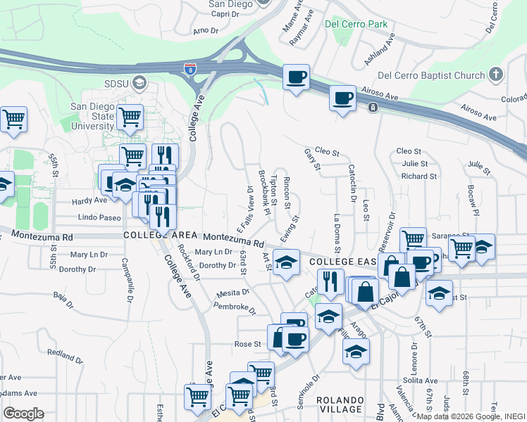 map of restaurants, bars, coffee shops, grocery stores, and more near 5144 Tipton Street in San Diego