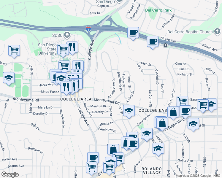 map of restaurants, bars, coffee shops, grocery stores, and more near 5136 East Falls View Drive in San Diego