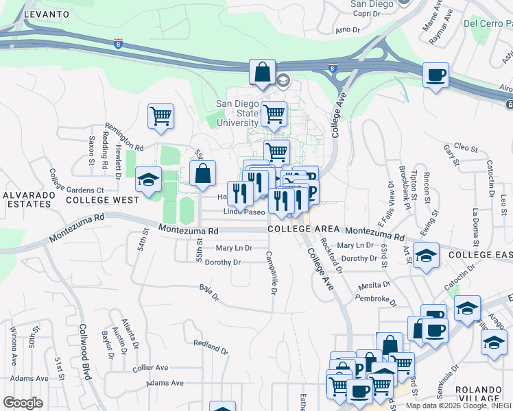map of restaurants, bars, coffee shops, grocery stores, and more near 5500 Campanile Drive in San Diego