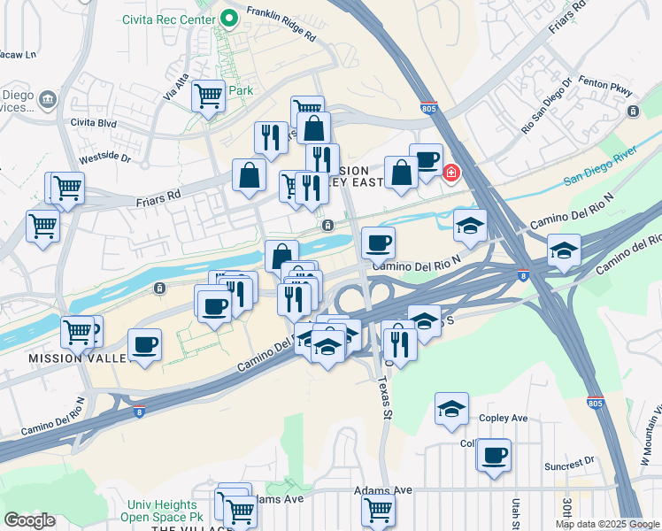 map of restaurants, bars, coffee shops, grocery stores, and more near 2220 Camino De La Reina in San Diego