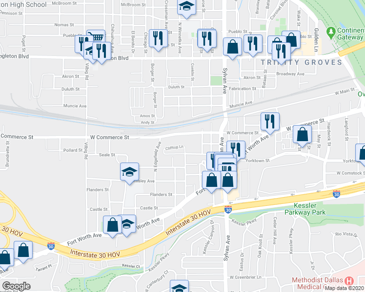 map of restaurants, bars, coffee shops, grocery stores, and more near 1159 Clifftop Lane in Dallas
