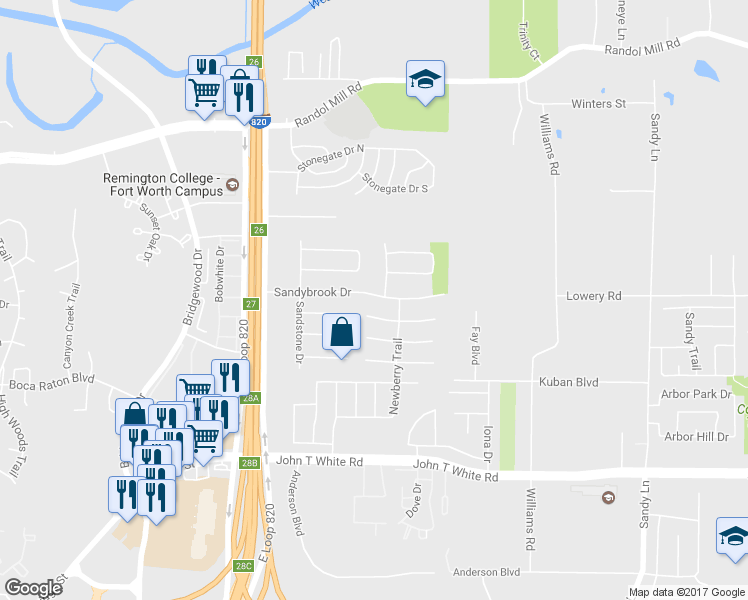 map of restaurants, bars, coffee shops, grocery stores, and more near 6962 Sandybrook Drive in Fort Worth
