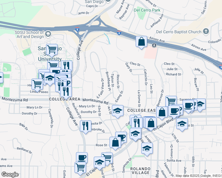 map of restaurants, bars, coffee shops, grocery stores, and more near 5144 Tipton Street in San Diego
