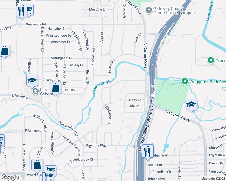 map of restaurants, bars, coffee shops, grocery stores, and more near 2025 Klondike Street in Grand Prairie