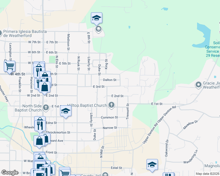 map of restaurants, bars, coffee shops, grocery stores, and more near 1114 King Street in Weatherford