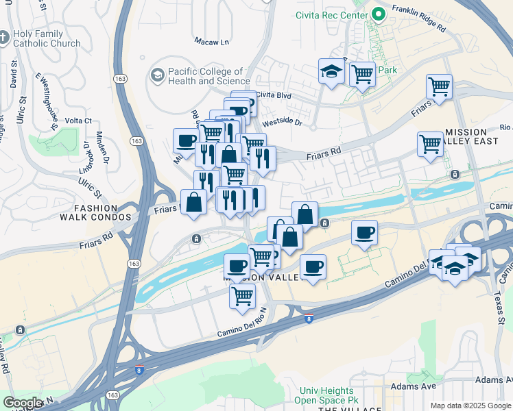 map of restaurants, bars, coffee shops, grocery stores, and more near 5353 Mission Center Road in San Diego
