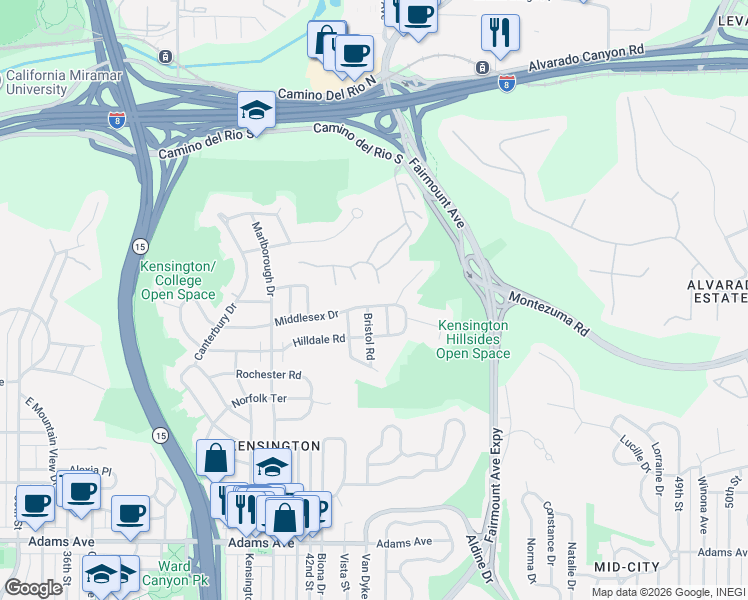 map of restaurants, bars, coffee shops, grocery stores, and more near 4304 Middlesex Drive in San Diego
