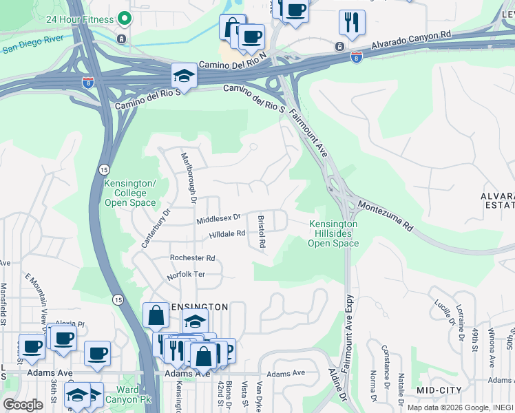 map of restaurants, bars, coffee shops, grocery stores, and more near 4304 Middlesex Drive in San Diego