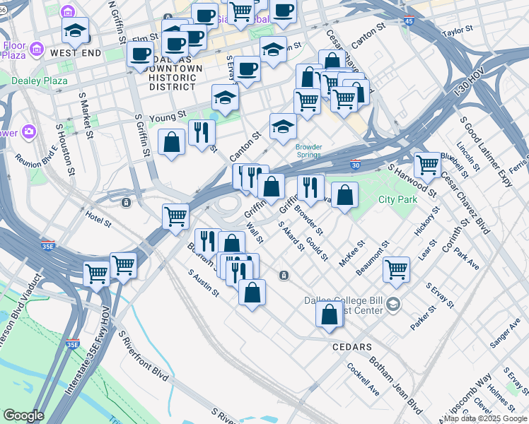 map of restaurants, bars, coffee shops, grocery stores, and more near 1208 Griffin Street West in Dallas