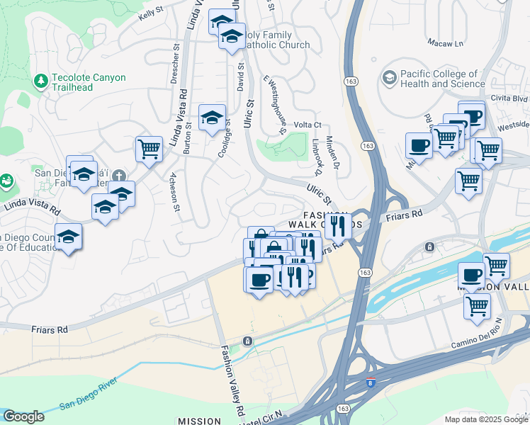 map of restaurants, bars, coffee shops, grocery stores, and more near 6956 Camino Revueltos in San Diego