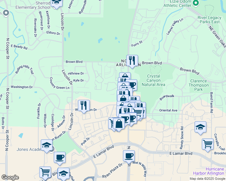 map of restaurants, bars, coffee shops, grocery stores, and more near 707 Woodard Way in Arlington
