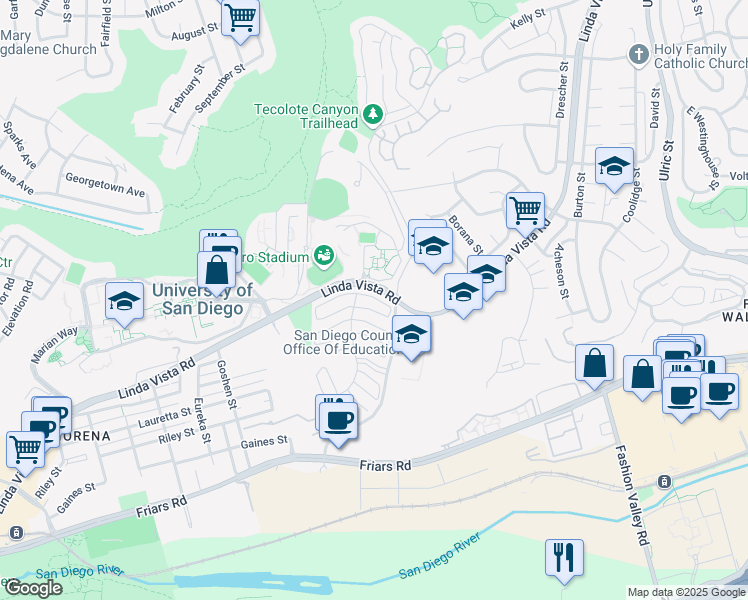 map of restaurants, bars, coffee shops, grocery stores, and more near 6341 Caminito Salado in San Diego