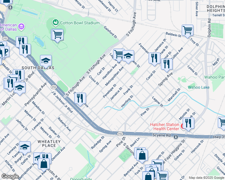 map of restaurants, bars, coffee shops, grocery stores, and more near 3806 Penelope Street in Dallas