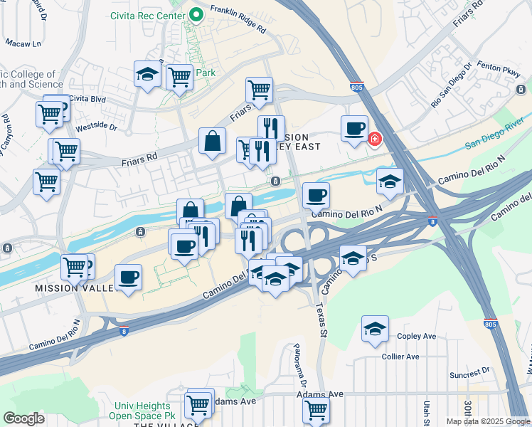 map of restaurants, bars, coffee shops, grocery stores, and more near 2250 Camino De La Reina in San Diego